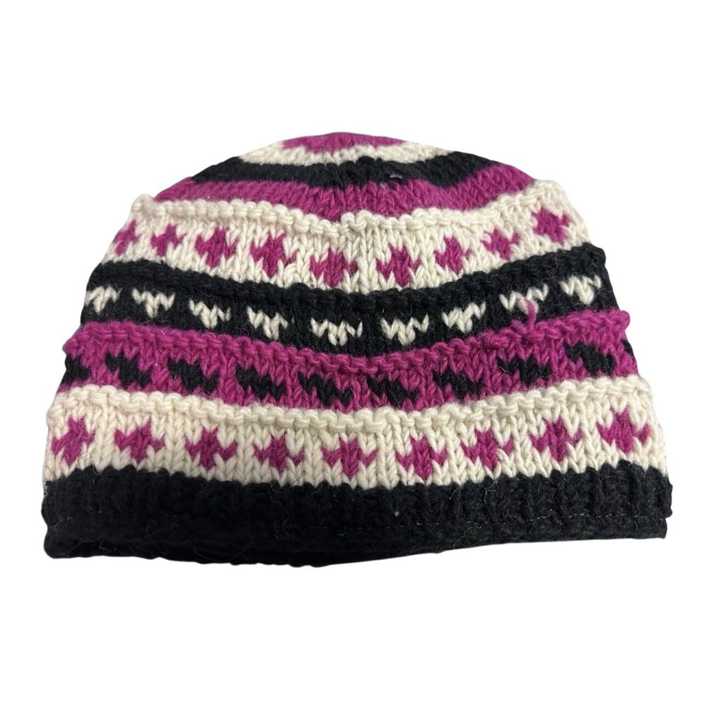 Unbranded Fair Isle Knit Beanie Magenta Pink Black White Geometric Winter Hat